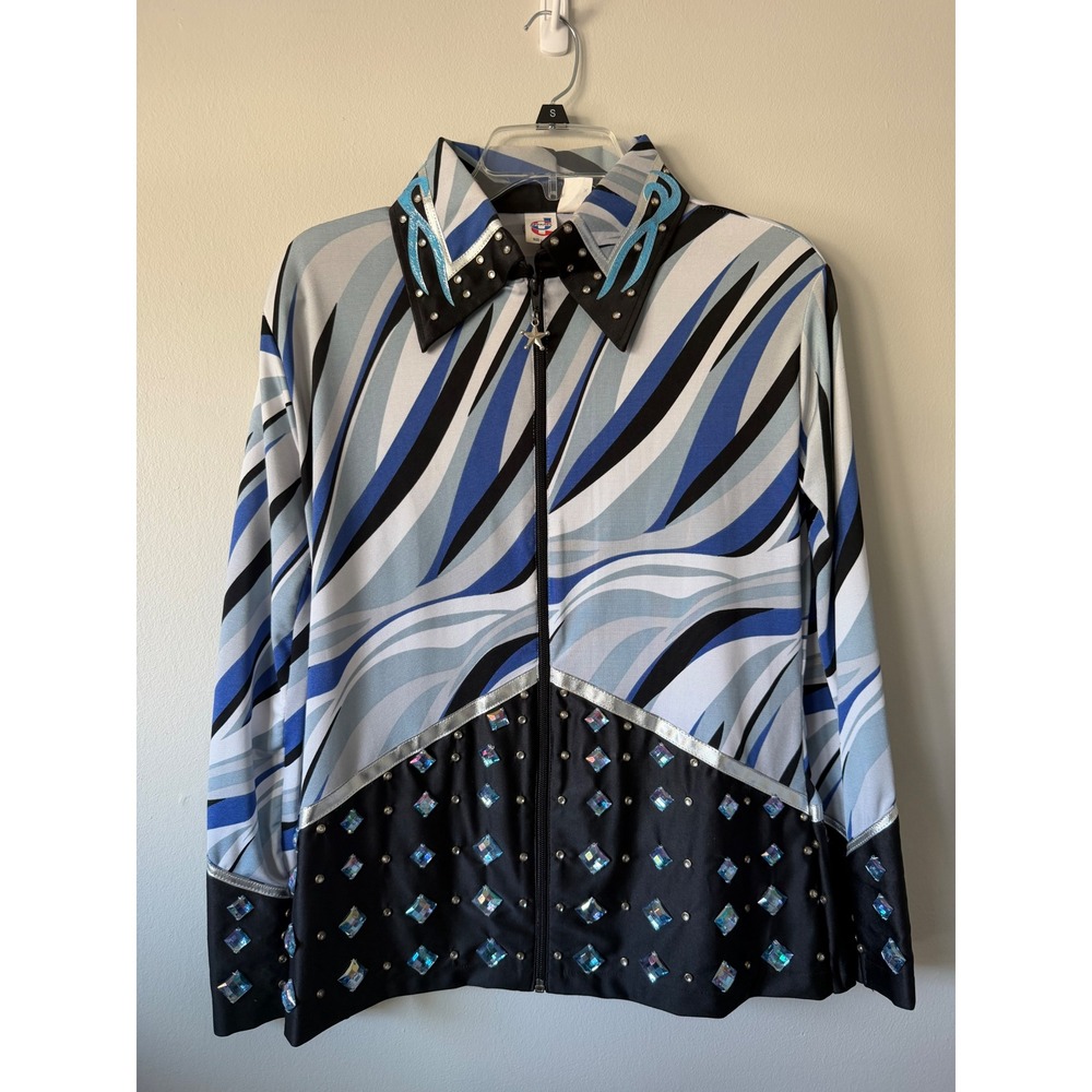 CJ Apparel Western Show Shirt Large Blue Black Abstract Rhinestone Zip Front